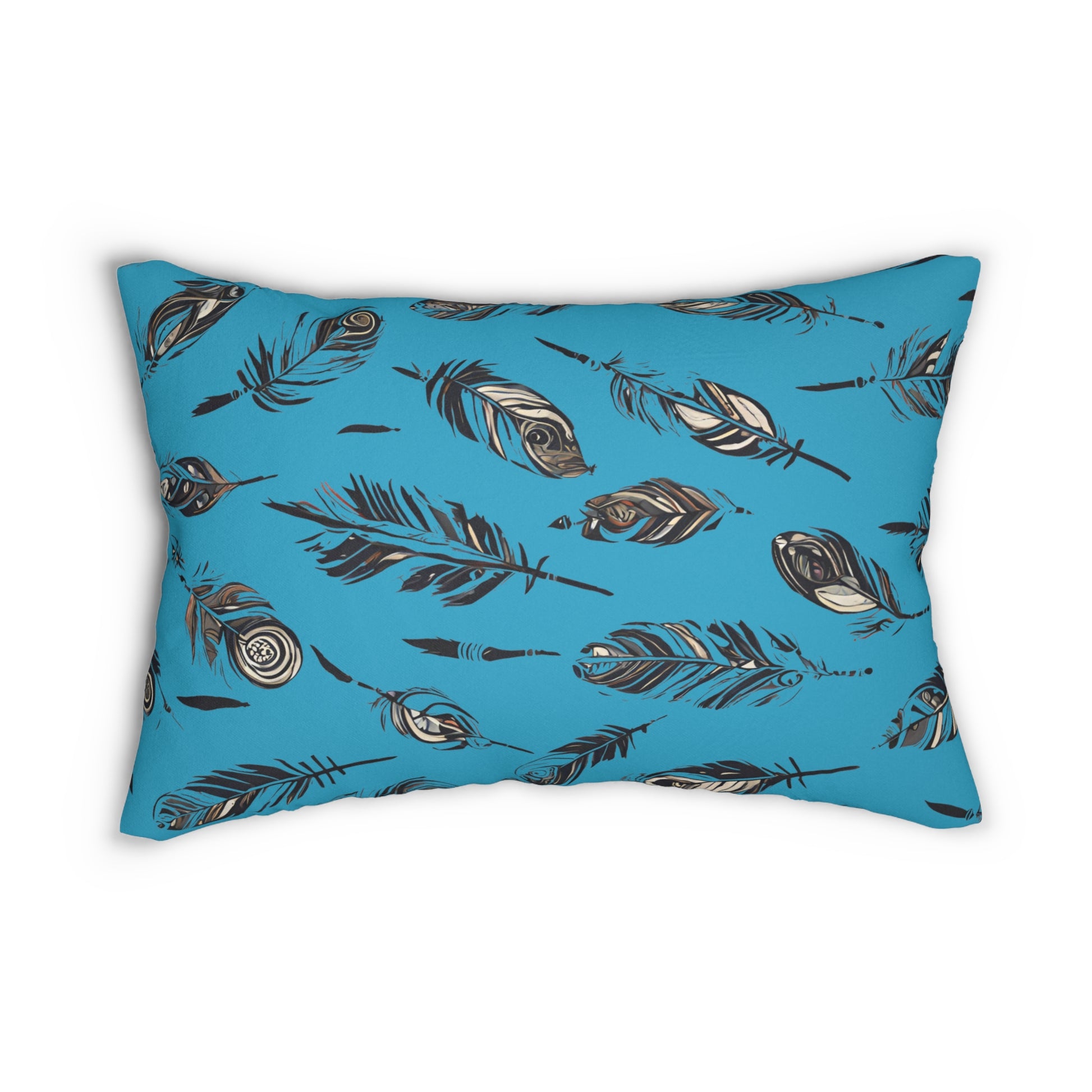 Rectangular Native American Turquoise Feather-Design Pillow on white background.